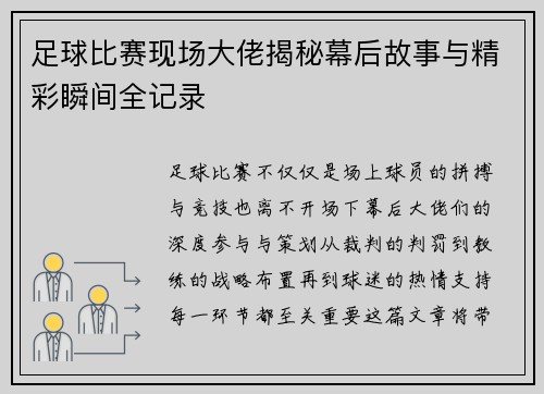 足球比赛现场大佬揭秘幕后故事与精彩瞬间全记录